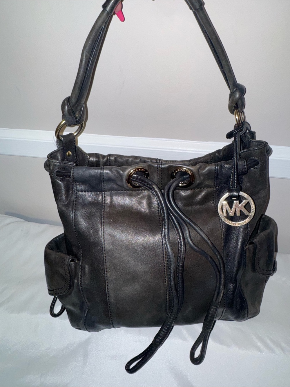 Michael Kors Black Leather Drawstring Shoulder Hobo with MK Charm